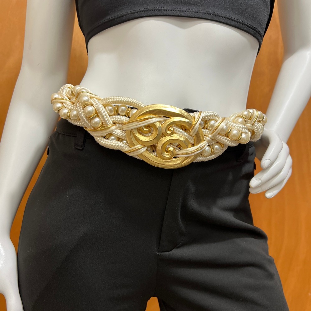 Vintage Ivory Braided Rope Belt Faux Pearl Gold Tone Buckle Leather Shop 94